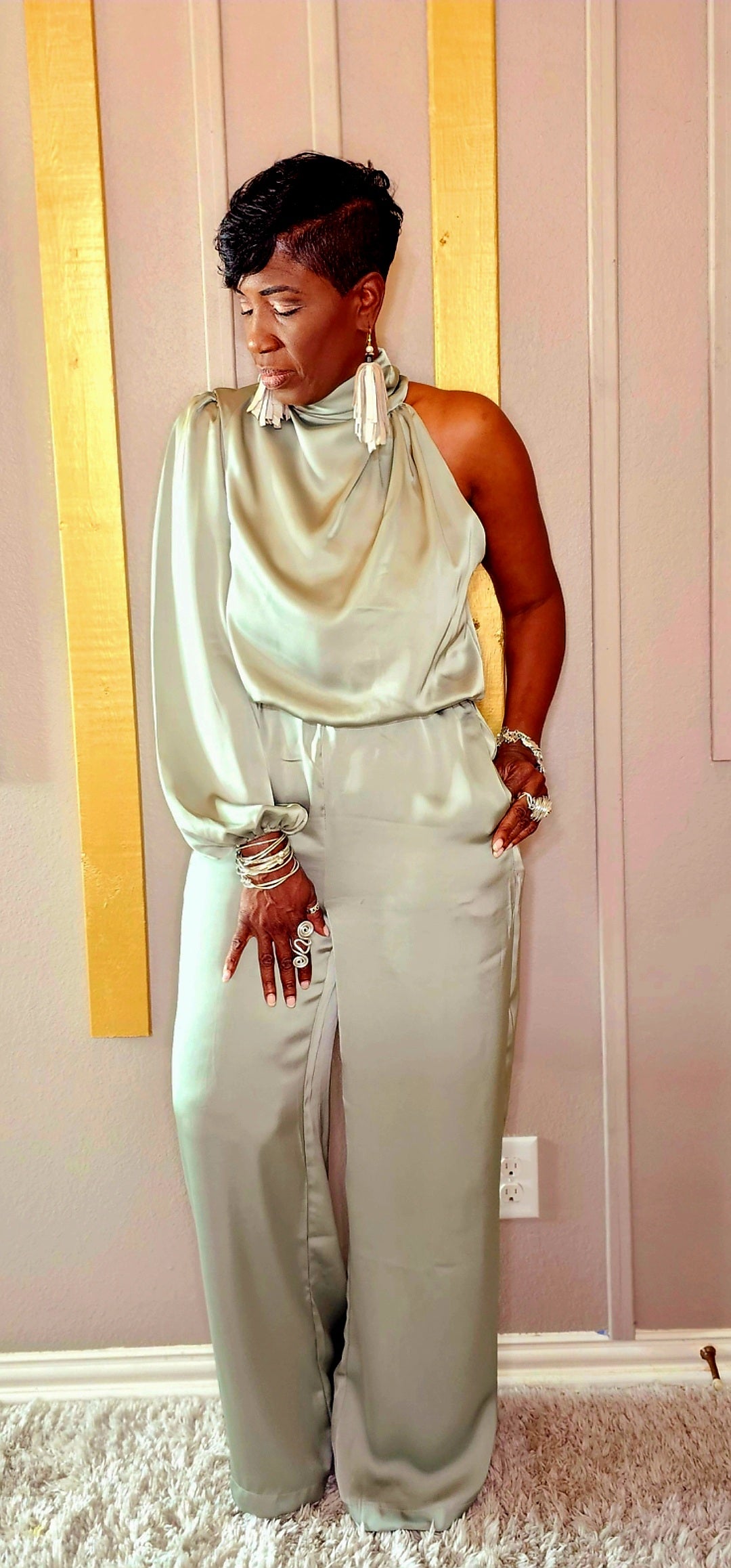 2PIECES SAGE HALF BLOUSE PANTS SET
