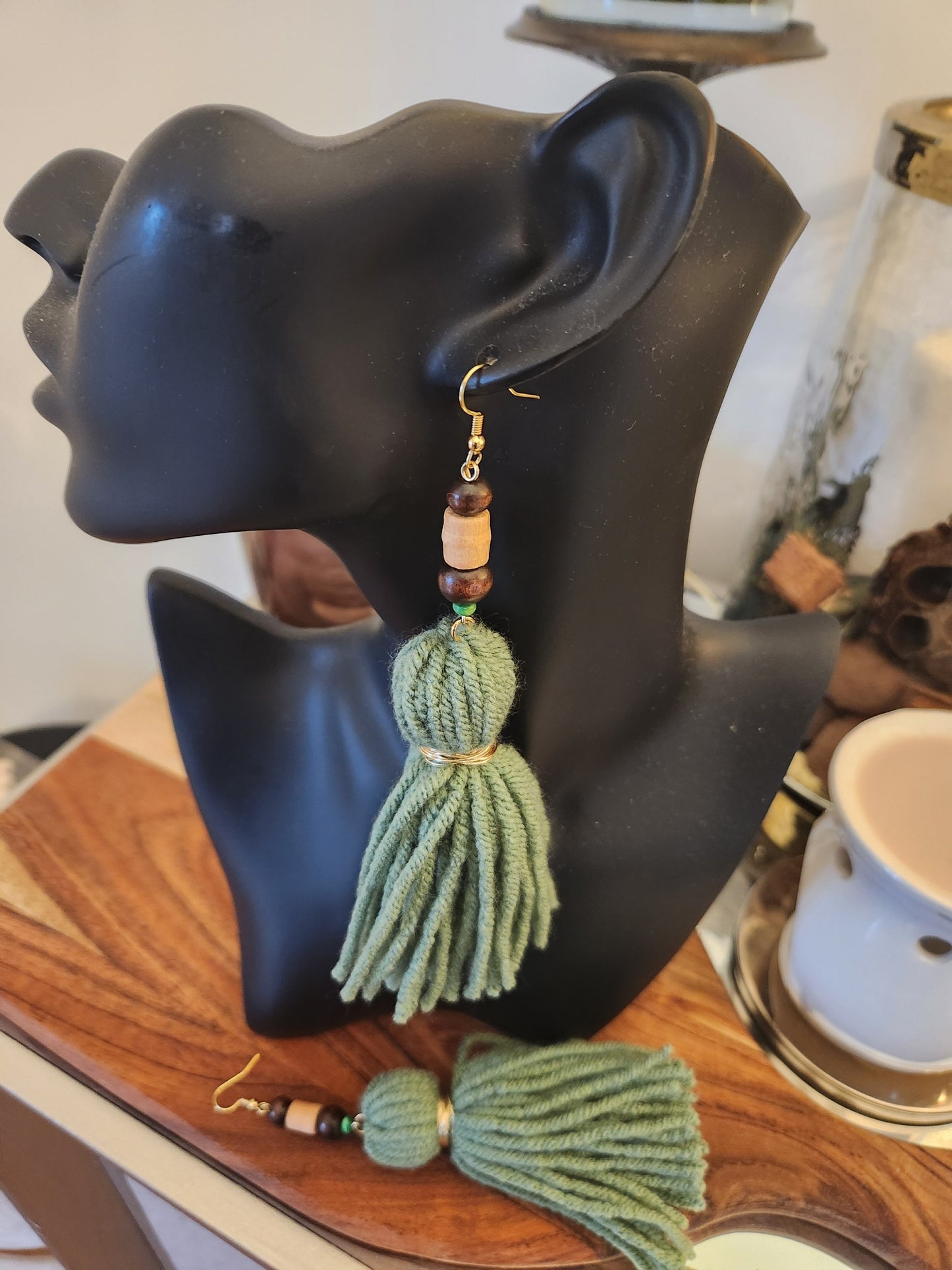 GREEN BEADED YARN EARRING