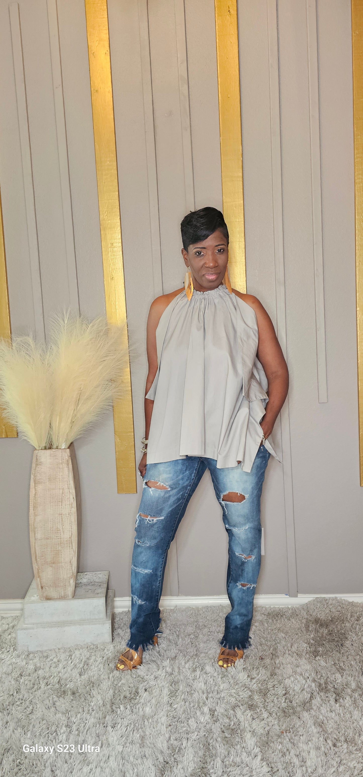 GREY BOW BACK SLEEVELESS BLOUSE