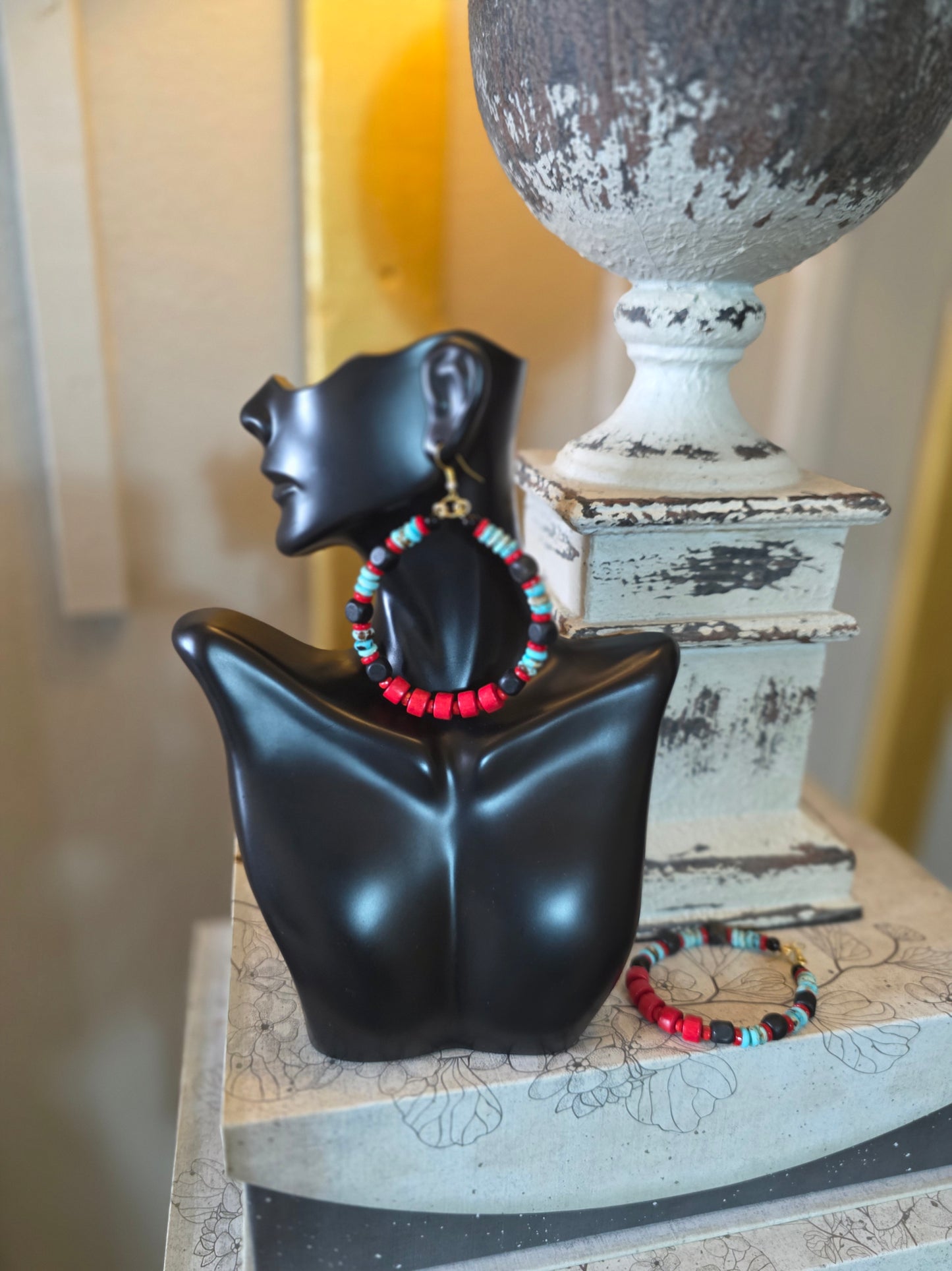 RED/WHITE AND BLACK BEADED EARRINGS