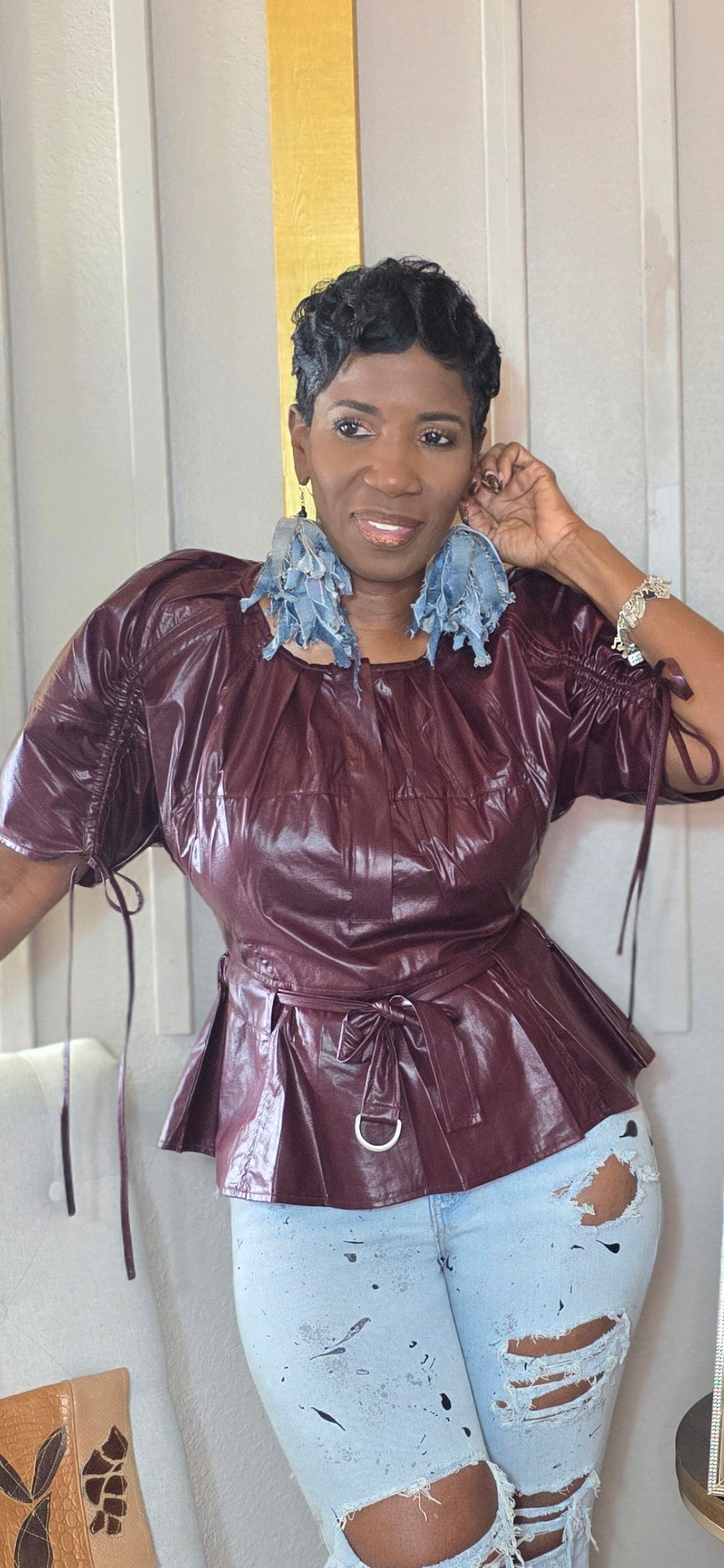 BURGUNDY FAUX LEATHER BLOUSE