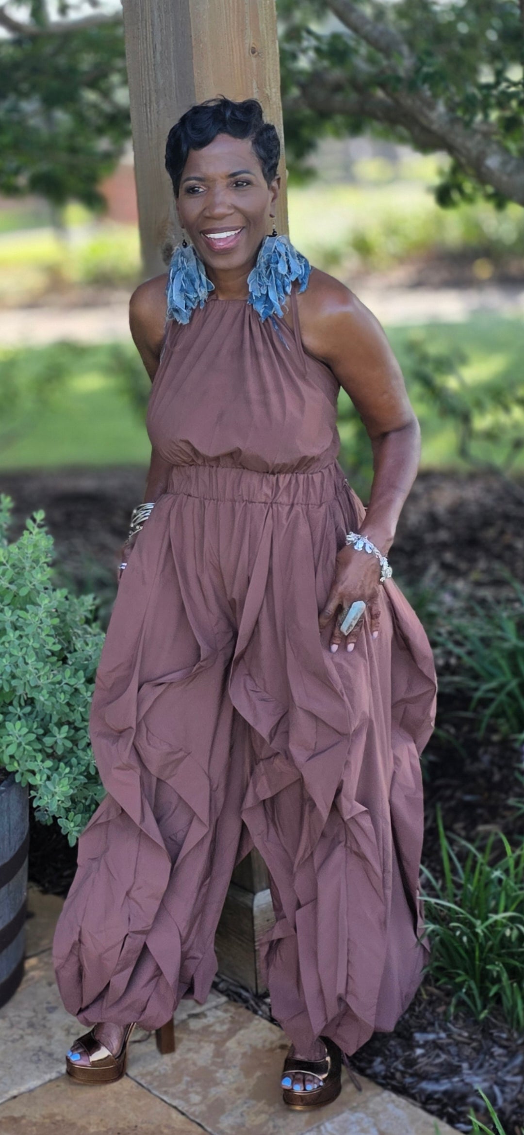 SOLID HALTER DRAMATIC RUFFLE DRAWSTRING PANTS JUMPSUIT