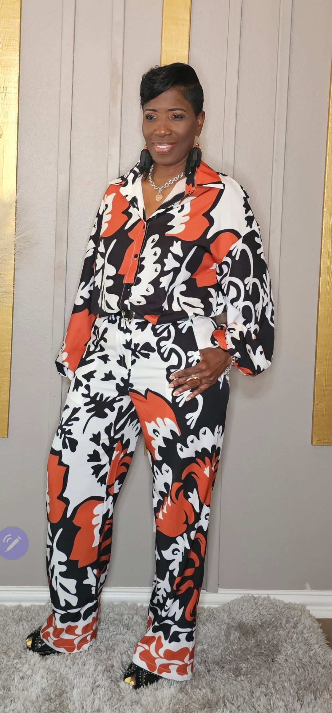 BUTTON DOWN LONG SLEEVE BLOUSE PANTSUIT