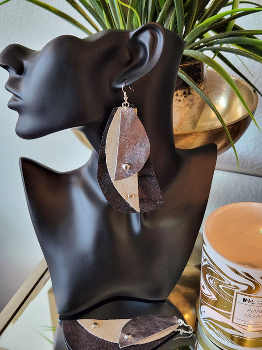 LEATHER CUSTOM SILVER AND BLACK AND OFF WHITE EARRINGS