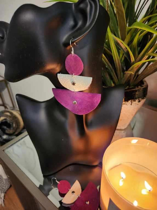 CUSTOM LEATHER PURPLE AND WHITE EARRINGS