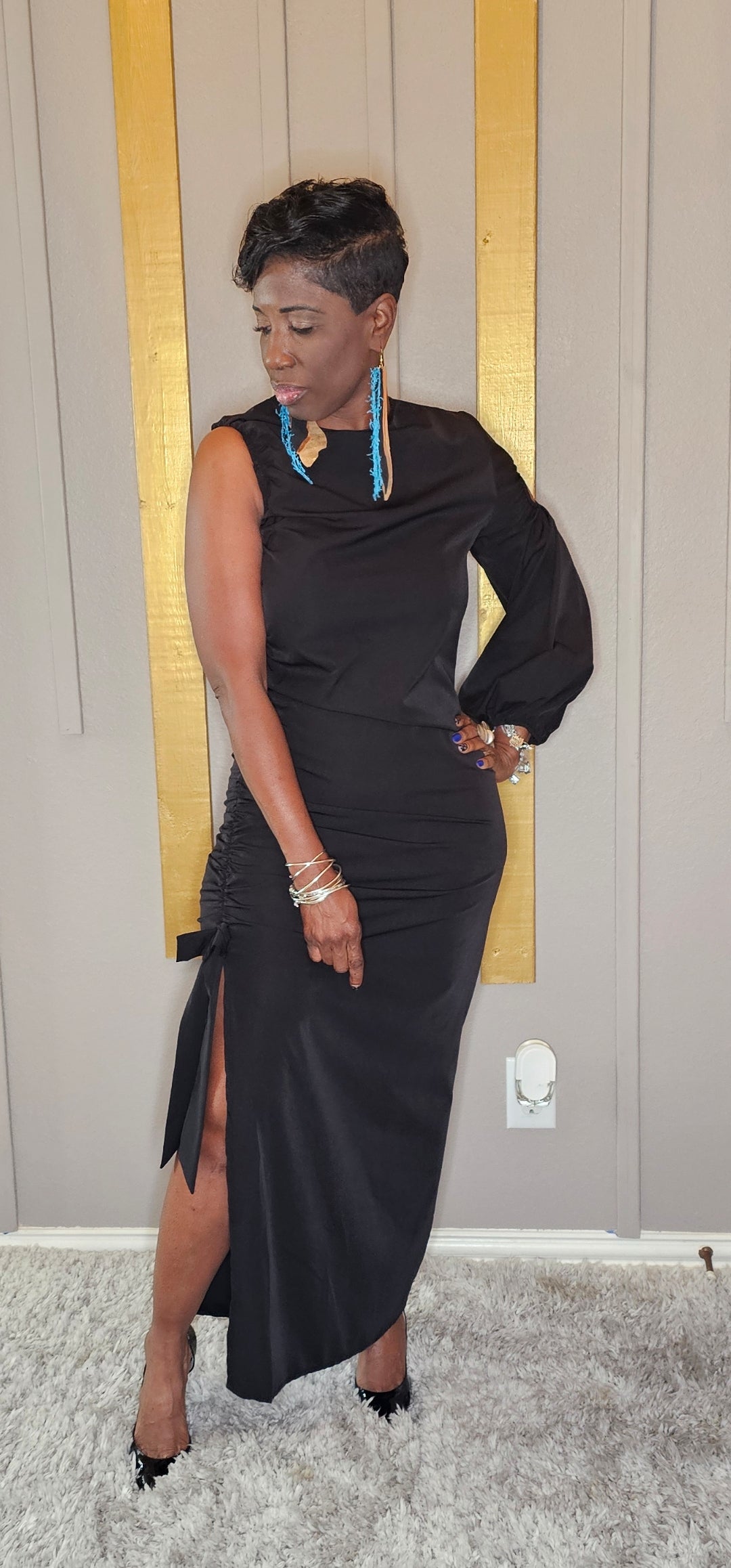ONE LONG SLEEVE SEXY MAXI  BLACK DRESS
