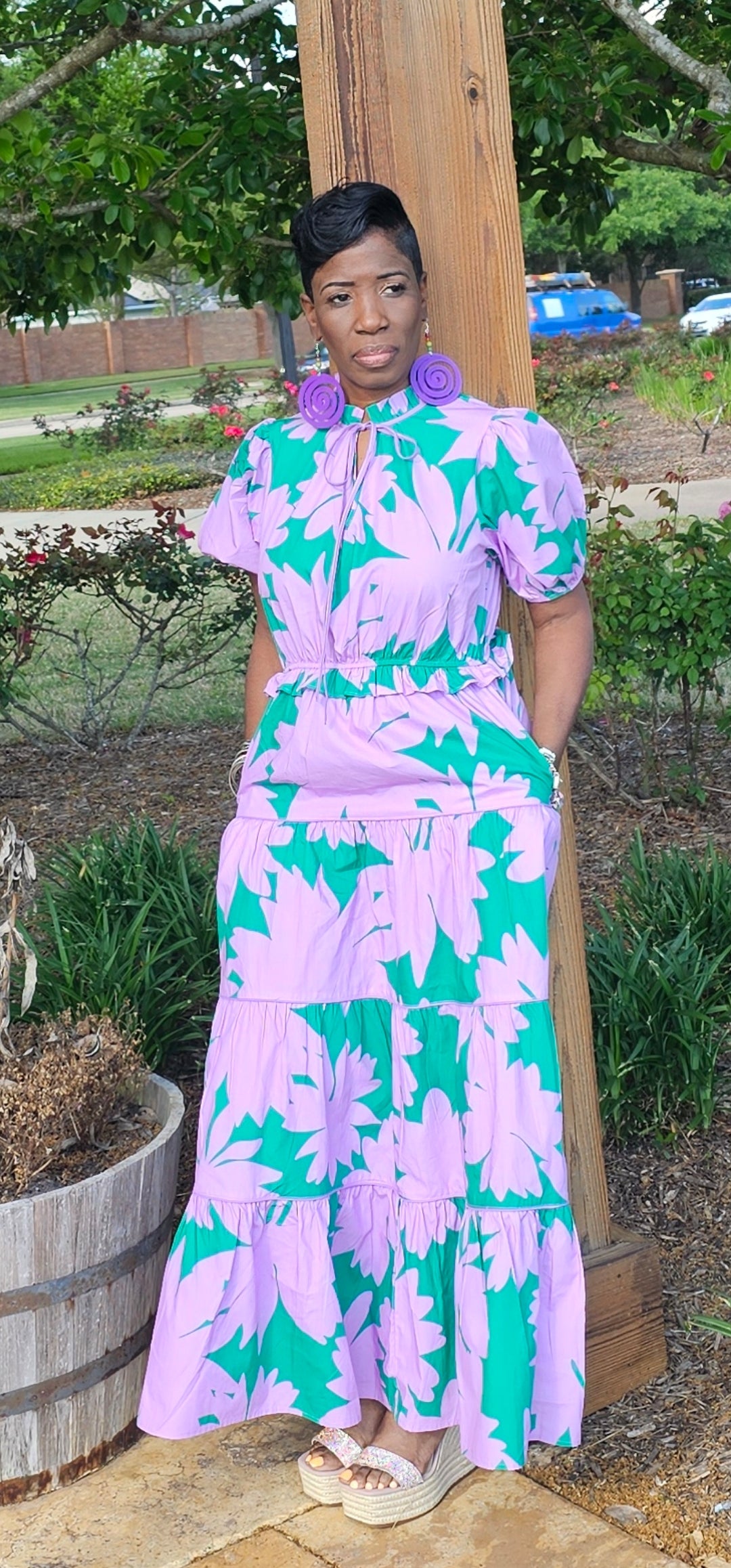 COTTON POPLIN FLORAL PRINT SPLIT NECK TIERED MAXI DRESSES
