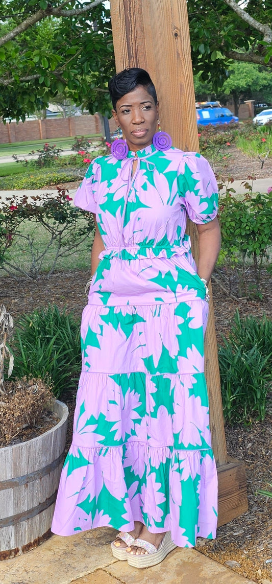 COTTON POPLIN FLORAL PRINT SPLIT NECK TIERED MAXI DRESSES