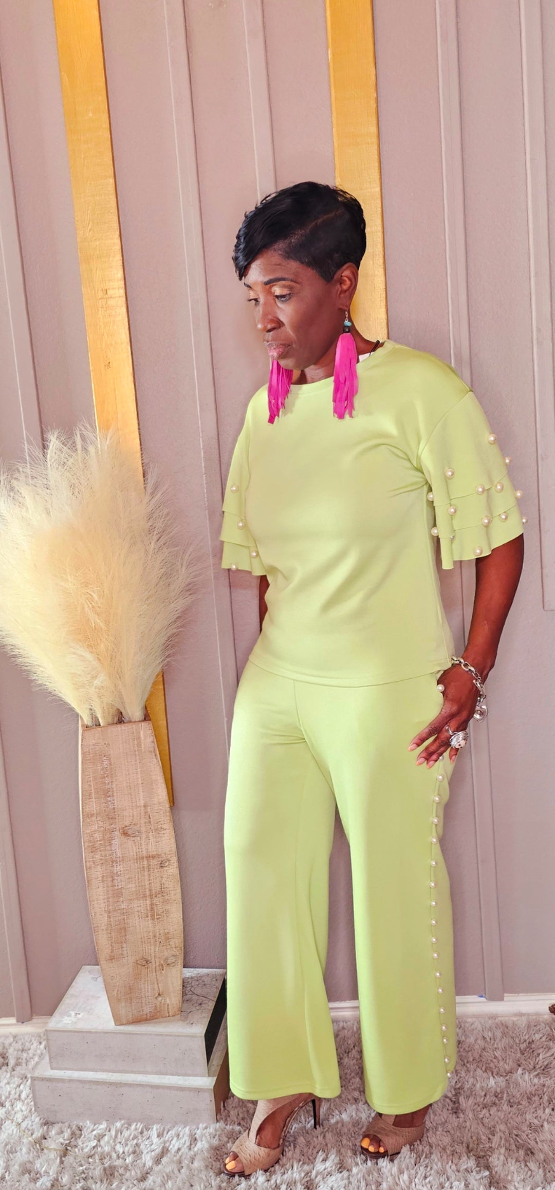 APPLE GREEN RUFFLED PEARL PANTSUIT