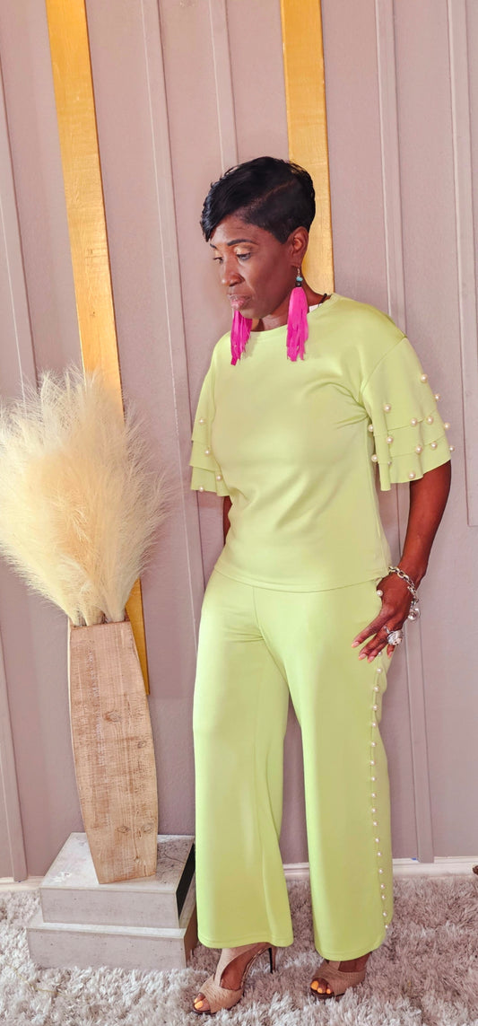 APPLE GREEN RUFFLED PEARL PANTSUIT