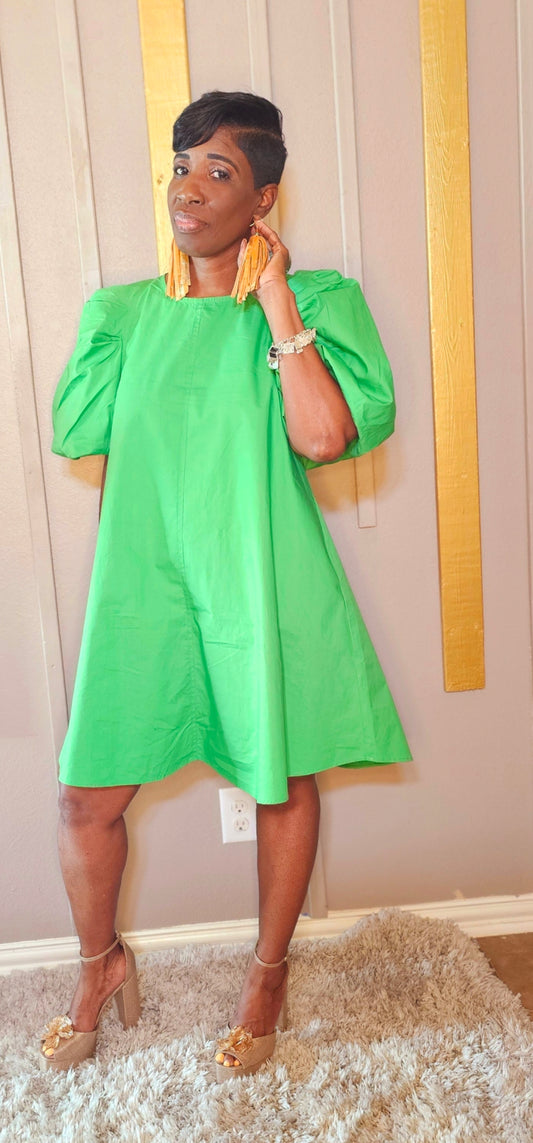 PUFF SLEEVE MINI DRESSES WITH SIDE POCEKTS AND KEYHOLE