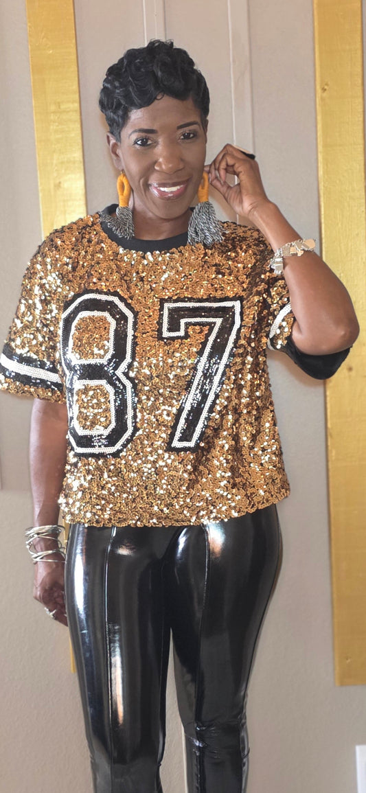 Sequin Game Day Crop Varsity Top Gold Blouse