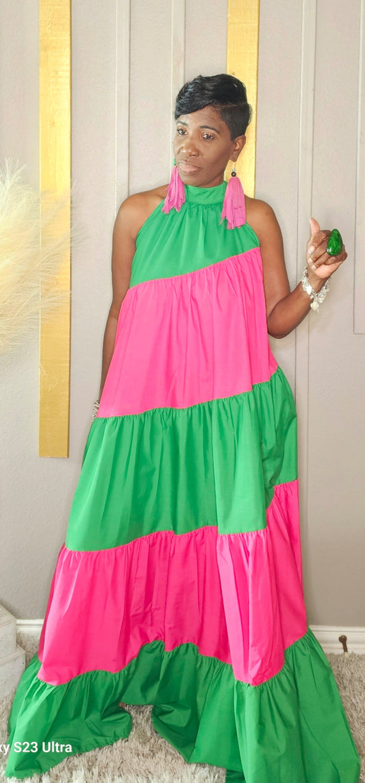 GREEN AND PINK FLOWY DRESSES