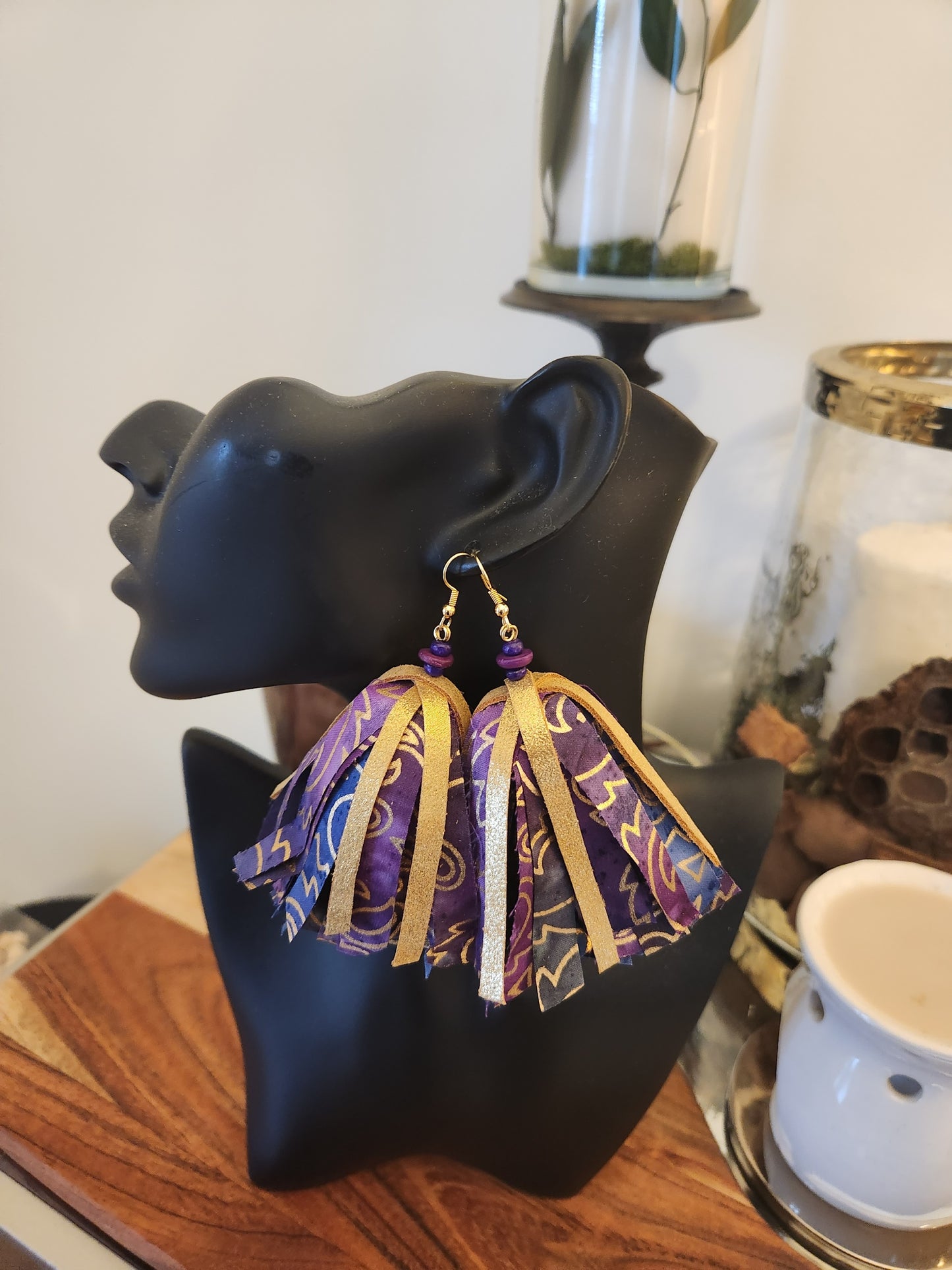 PURPLE AND GOLD LEATHER EARRINGS
