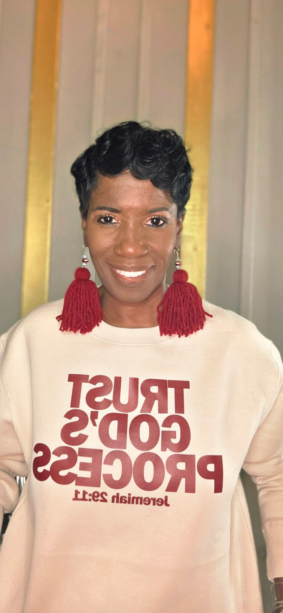 TRUST GOD'S PROCESS CREAM AND BURGUNDY SWEATSHIRTS