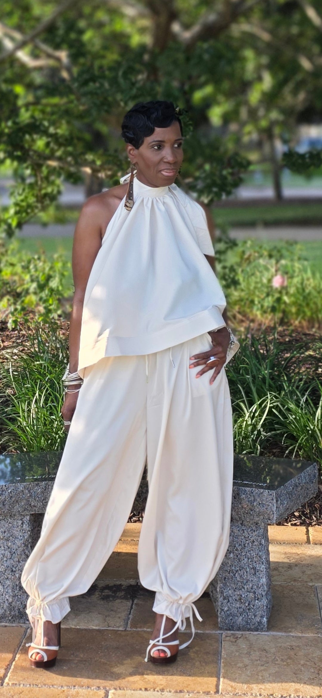 HALTER A-LINE HIGH LOW TOP WITH TAPERED DRAWSTRING PANTS