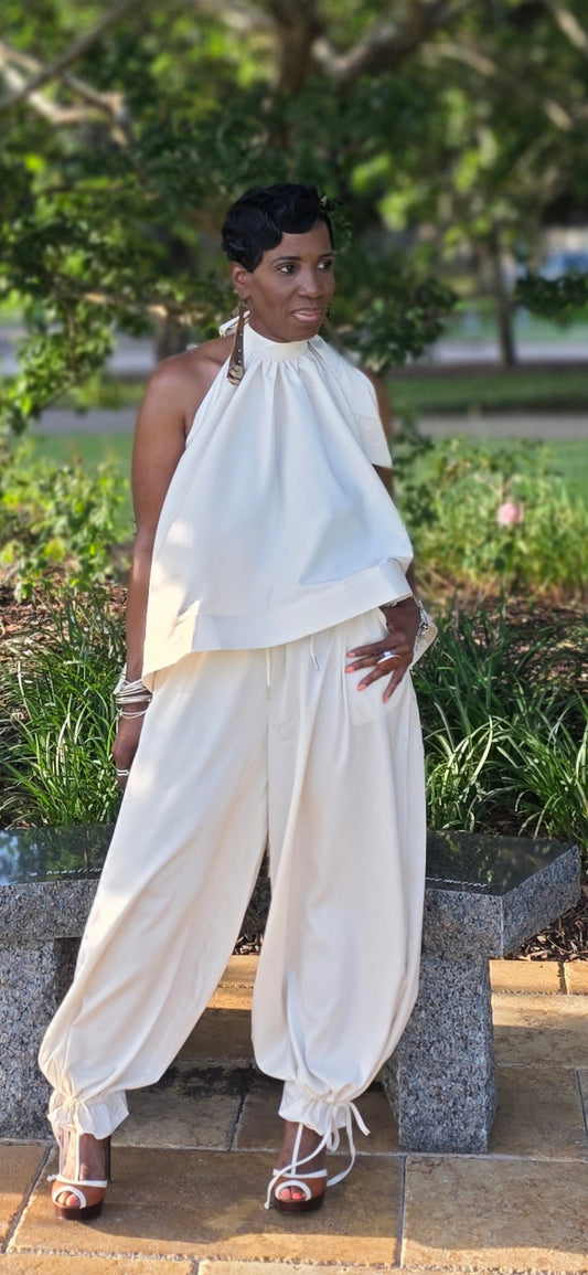 HALTER A-LINE HIGH LOW TOP WITH TAPERED DRAWSTRING PANTS