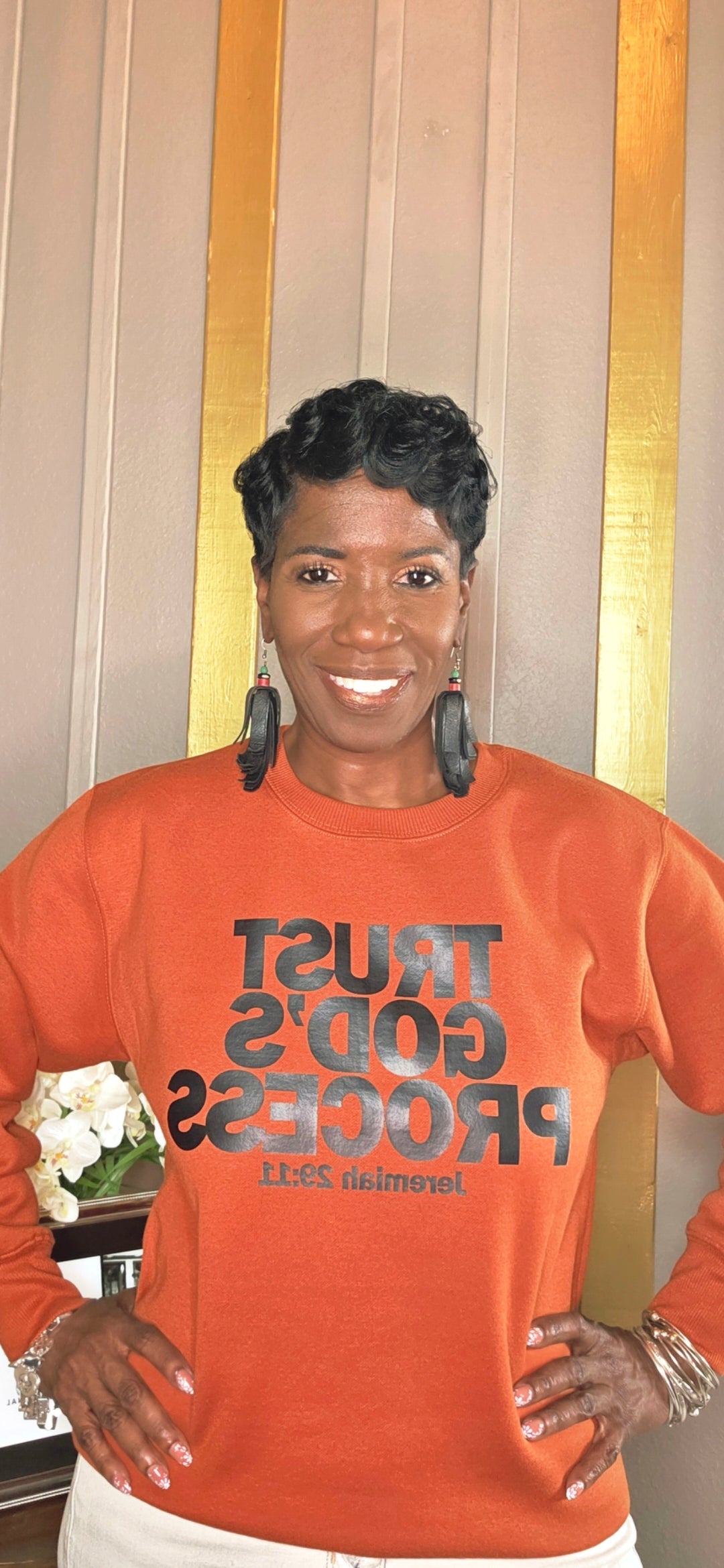 TRUST GOD'S PROCESS BURNT ORANGE BLACK SWEATSHIRTS