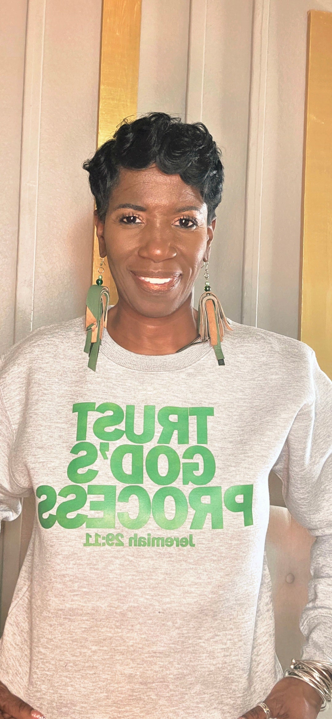 TRUST GOD'S PROCESS GREY AND GREEN SWEATSHIRTS