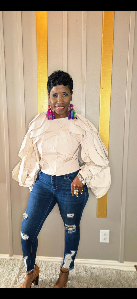 RUFFLE DETAILS LONG SLEEVE CROP JACKET BLOUSE