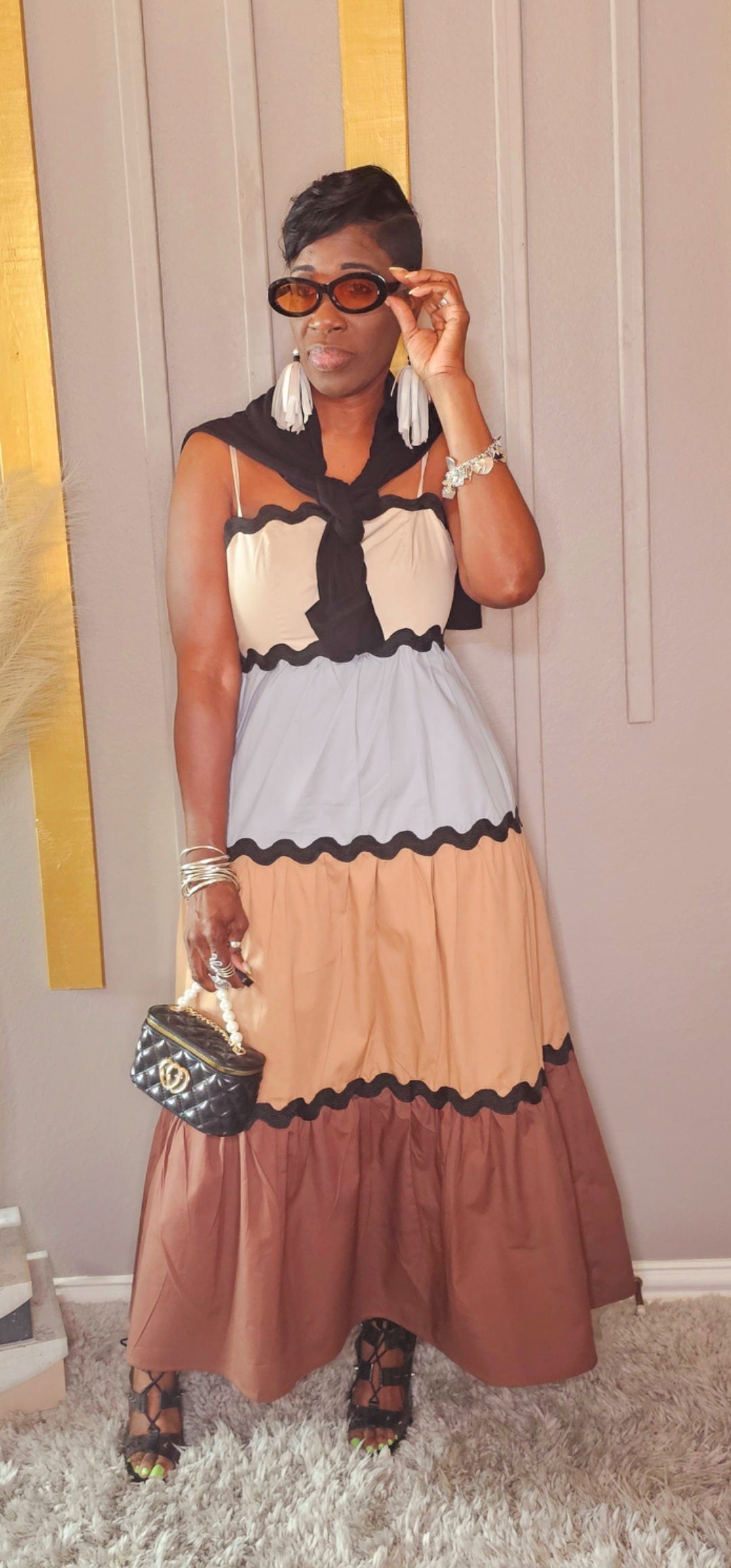 BROWN -CREAM-BLUE MAXI DRESS