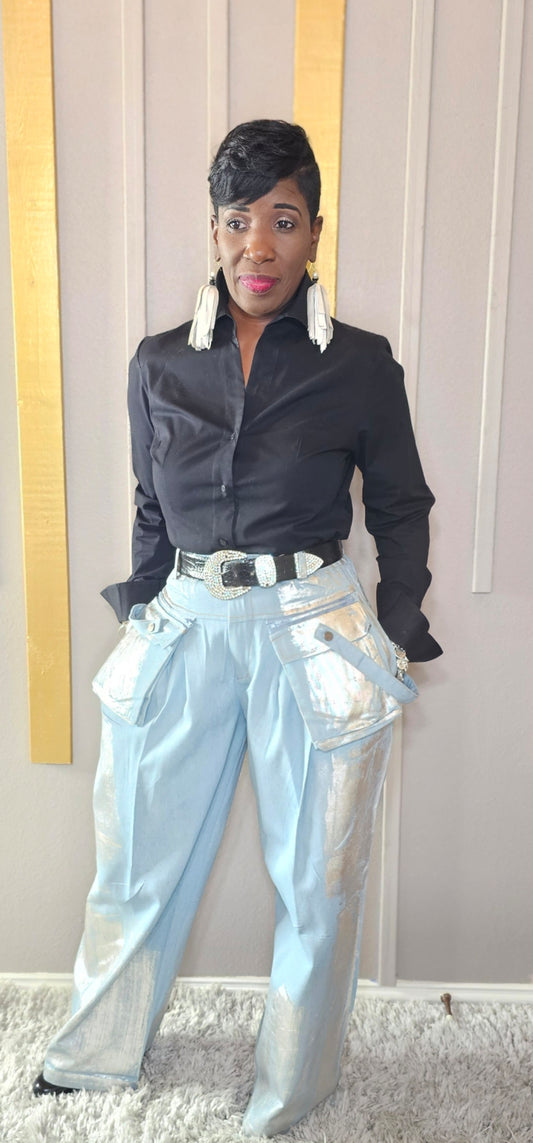 JEANS SPLASH WITH SILVER /WIDELEGS PANTS