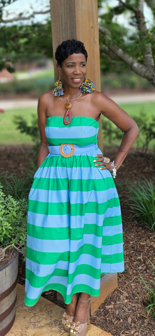 STRAPLESS GREEN AND BLUE SUMMER DRESS