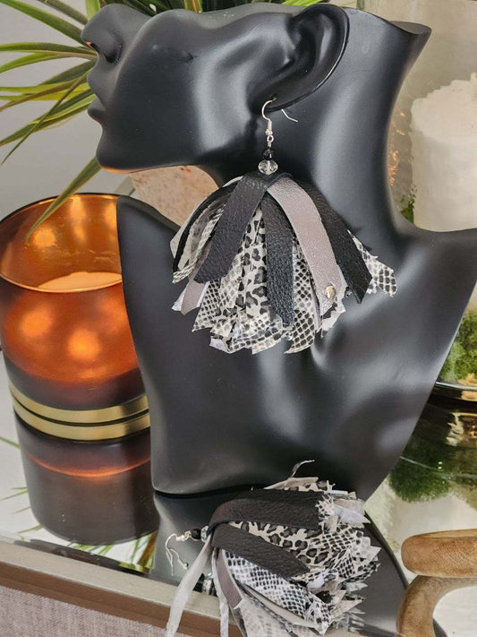Gray and White and Black with Leather Pieces of Black and Leather Earrings
