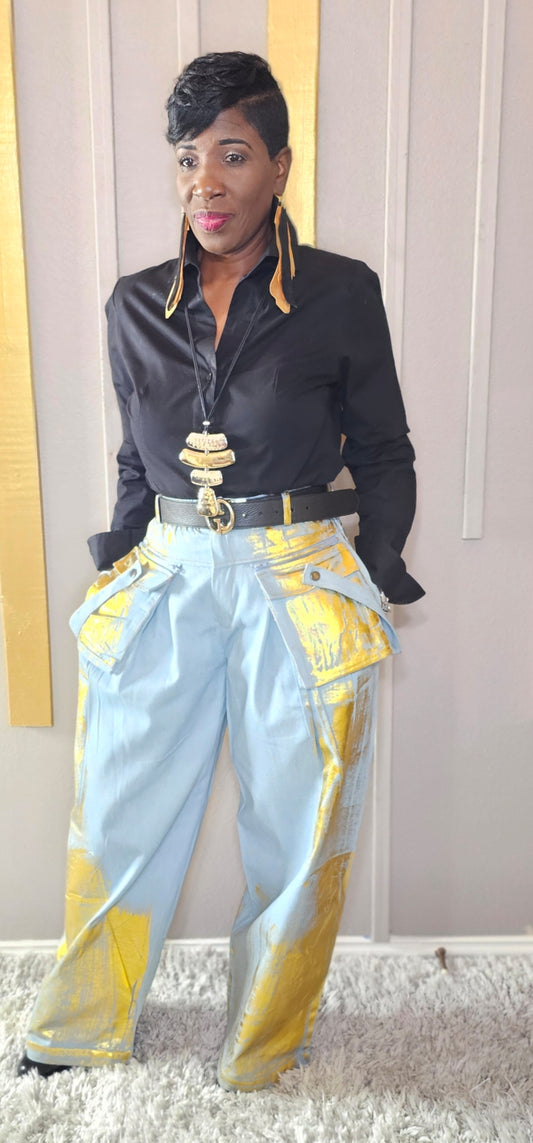 BLUE JEANS SPLASH WITH GOLD /WIDELEGS PANTS