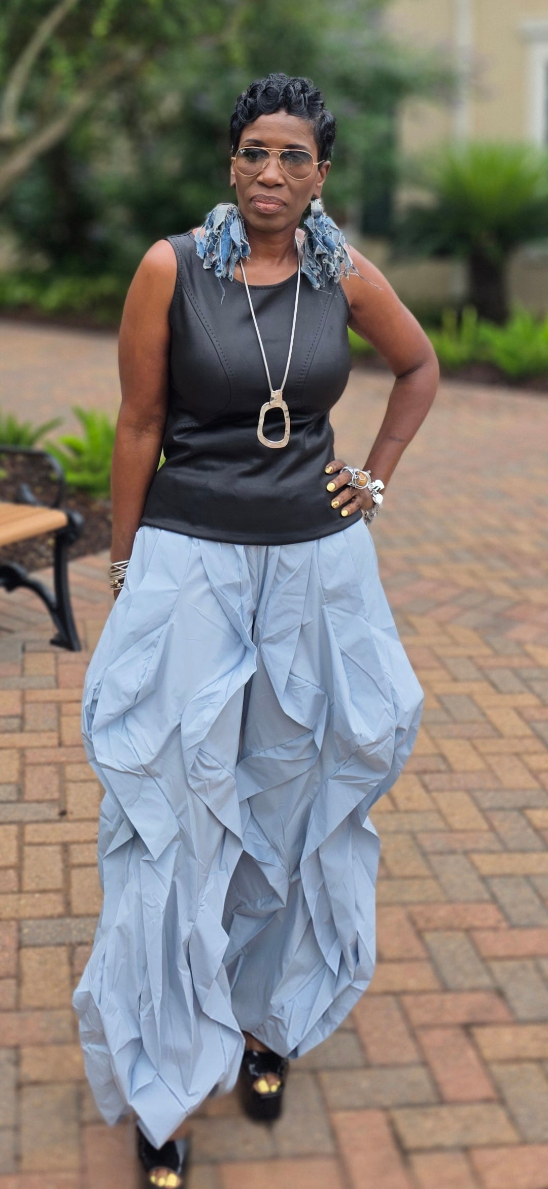 WIDE LEG DRAMATIC RUFFLE DRAWSTRING JOGGERS BLUE PANTS
