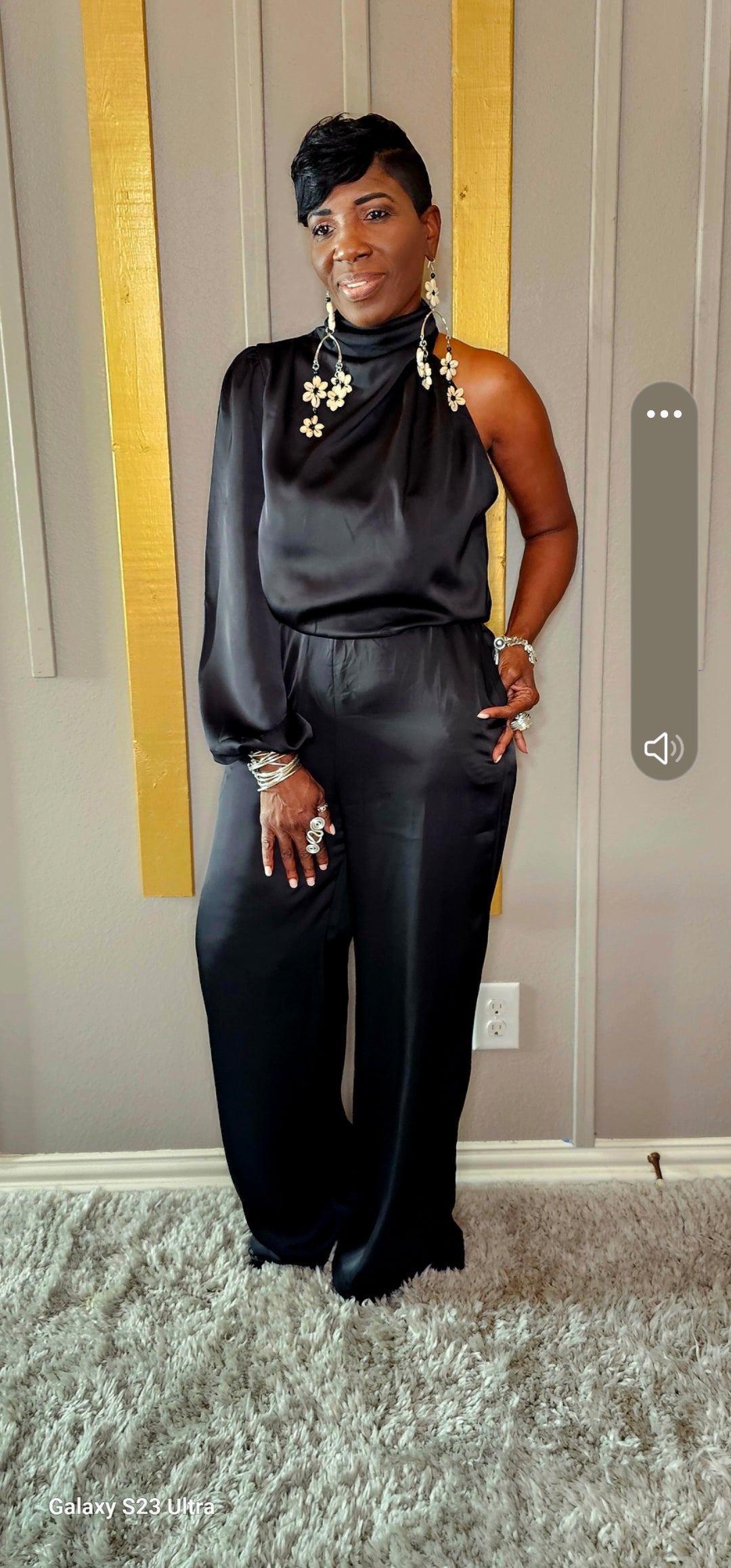 2PIECES BLACK HALF BLOUSE PANTS SET