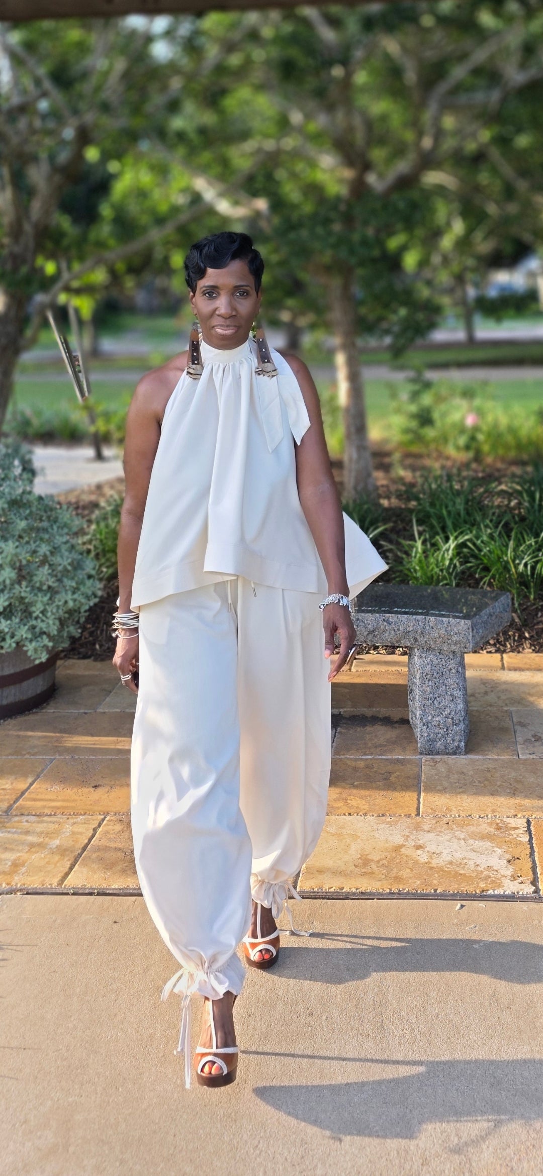 HALTER A-LINE HIGH LOW TOP WITH TAPERED DRAWSTRING PANTS
