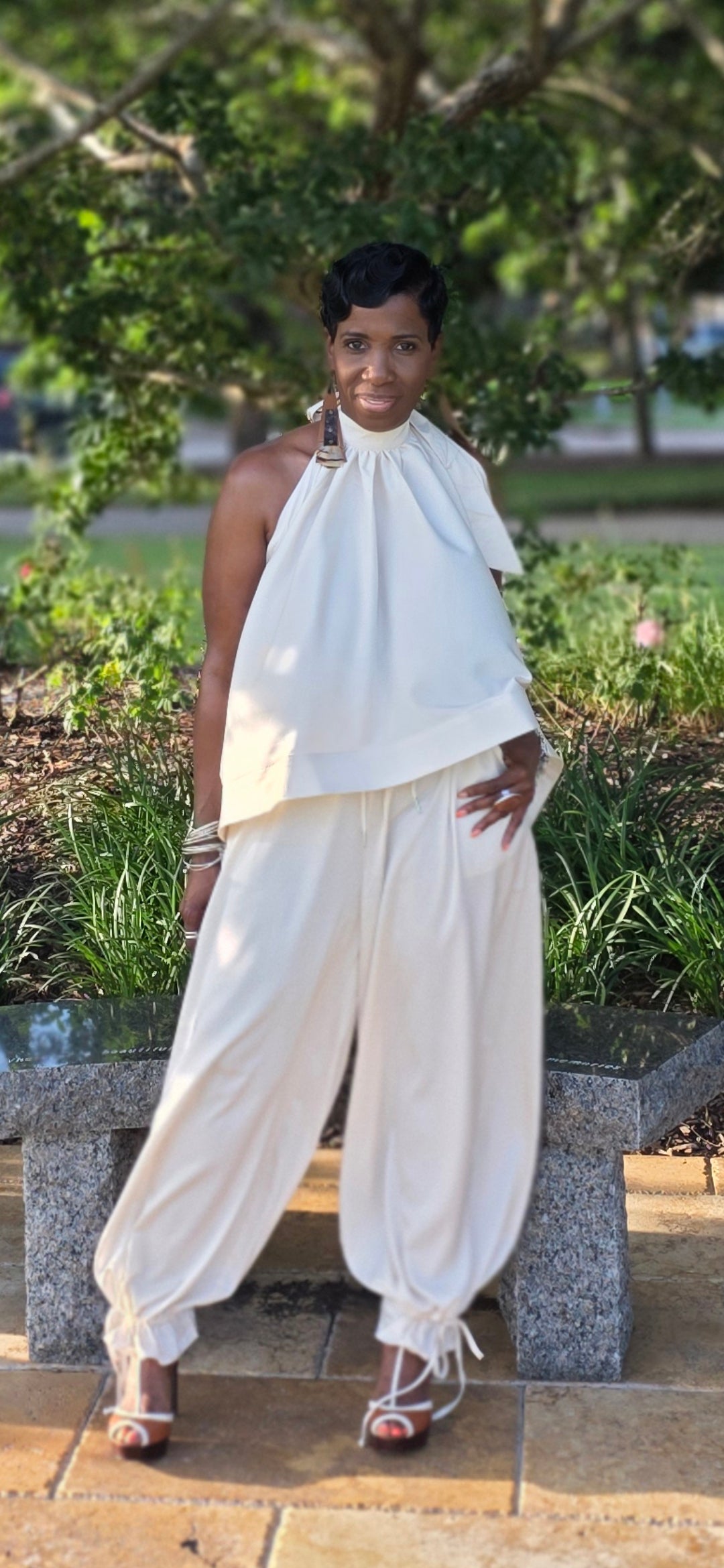 HALTER A-LINE HIGH LOW TOP WITH TAPERED DRAWSTRING PANTS