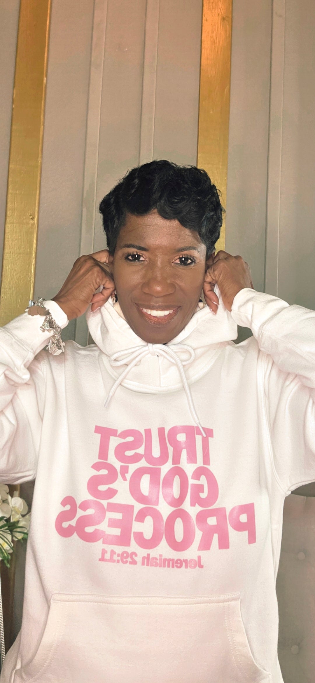 TRUST GOD'S PROCESS PINK AND WHITE HOODIE