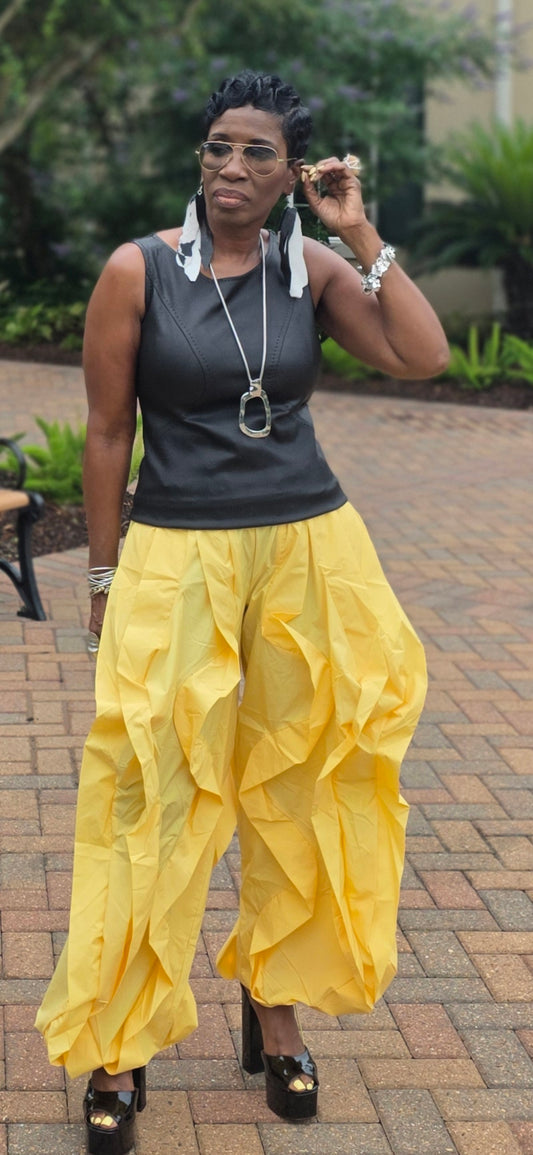 WIDE LEG DRAMATIC RUFFLE DRAWSTRING JOGGERS YELLOW PANTS