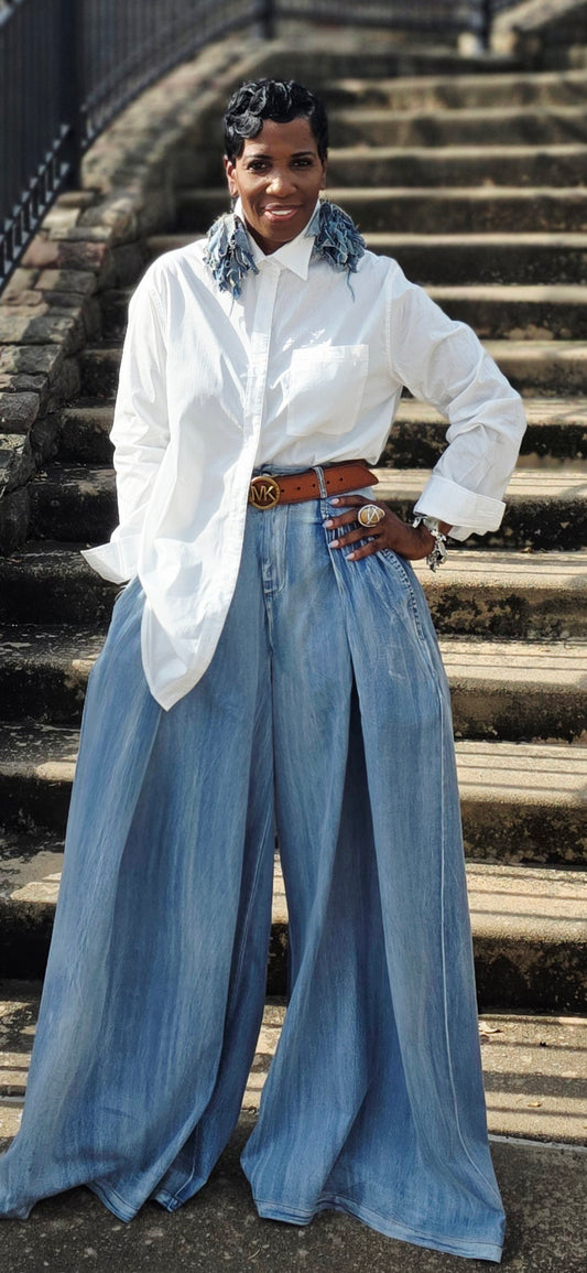 High Waisted LT Denim Wash Pleated Wide Leg Pants