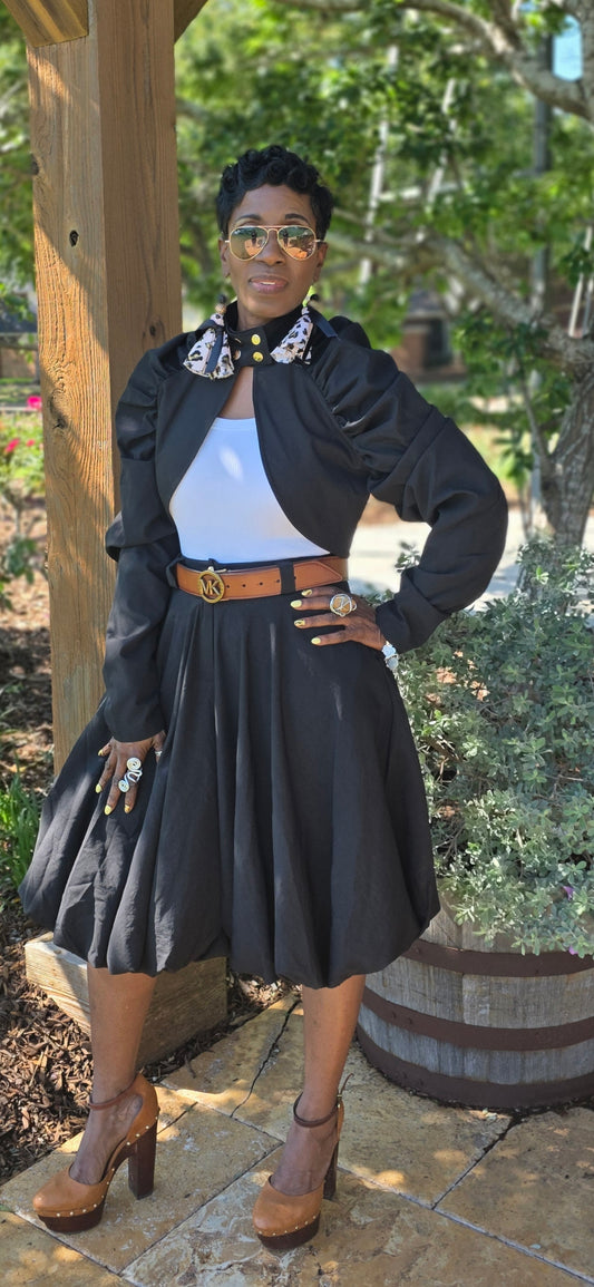 LONG BOLERO JACKET WITH  BUBBLE STYLE IN BLACK SHORT/SKIRT PANTSUIT