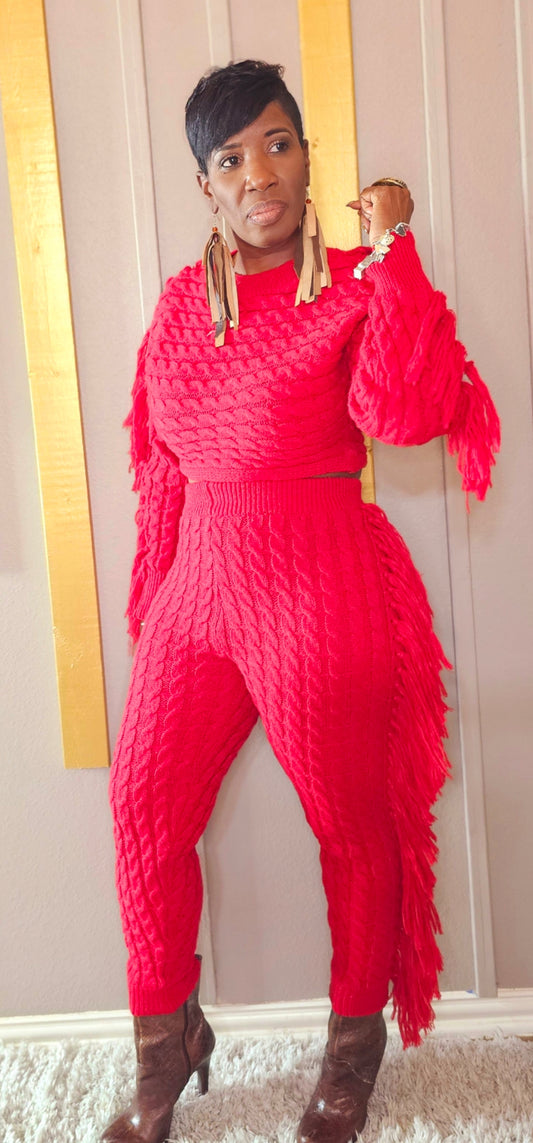 Red Fringes Crop Top Sweater Pantsuit
