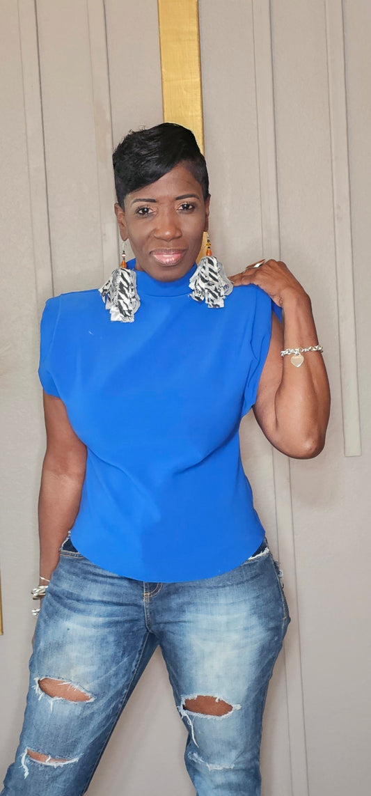 ROYAL BLUE MOCK NEW SHOULDER PAD SLEEVELES BLOUSE