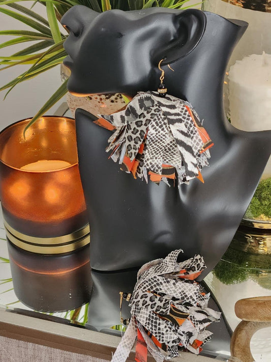 African Print with Tip of Orange Fluffy Earrings