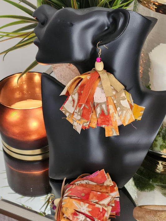 Orange and Gold with a tip of leather pieces Earrings