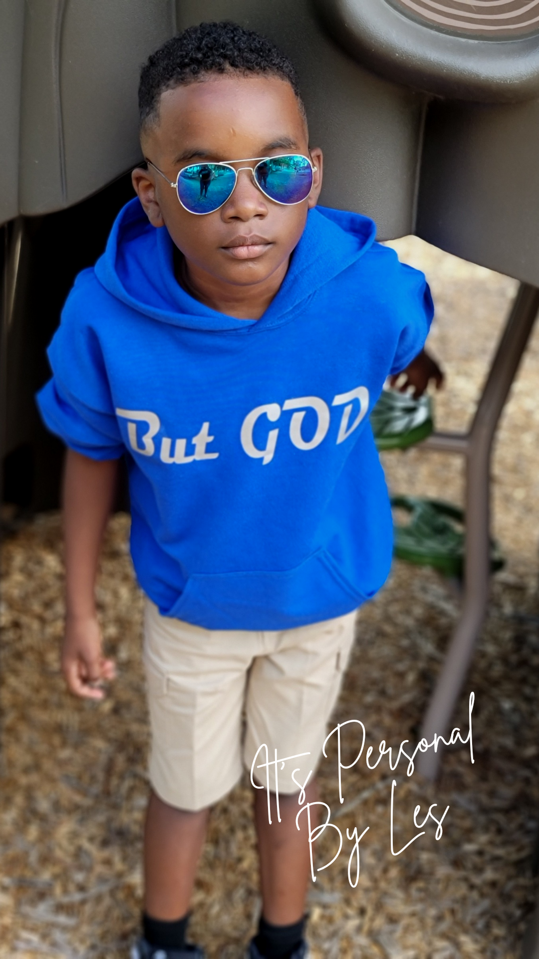 But God Kids Hoodie in Blissful Blue and Warrior White
