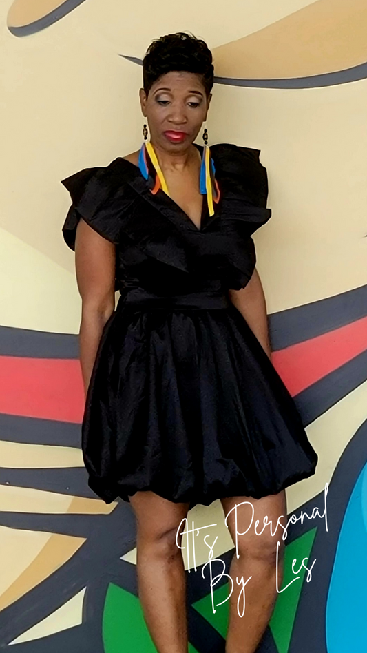 Ruffled Poofy Cutout Black Dress